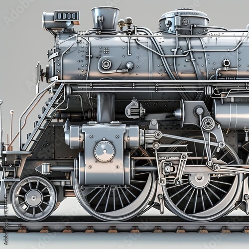 Detailed steam locomotive with textures3D Model illustration, Closeup, noblur