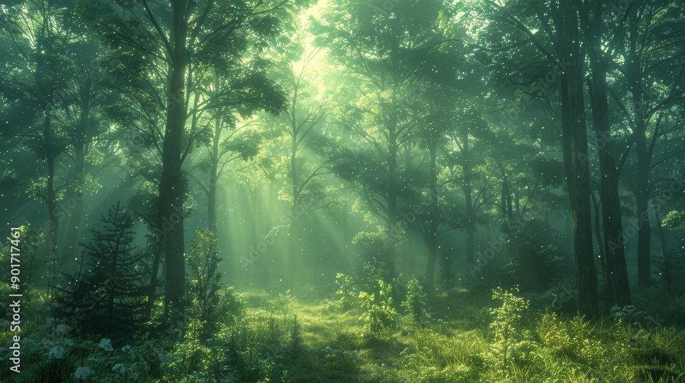 Obraz premium Majestic Forest With Sunlight Filtering Through Leaves in Early Morning. Generative AI