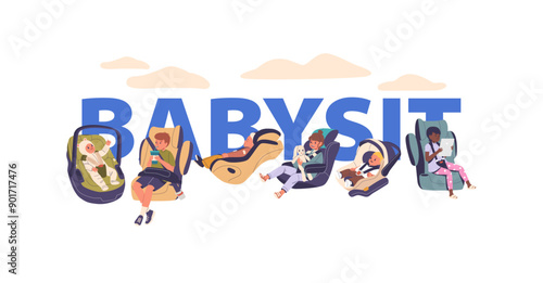 Vector Babysitting Concept With Children Secured In Car Seats. Banner Or Flyer Showcases Importance Of Child Safety
