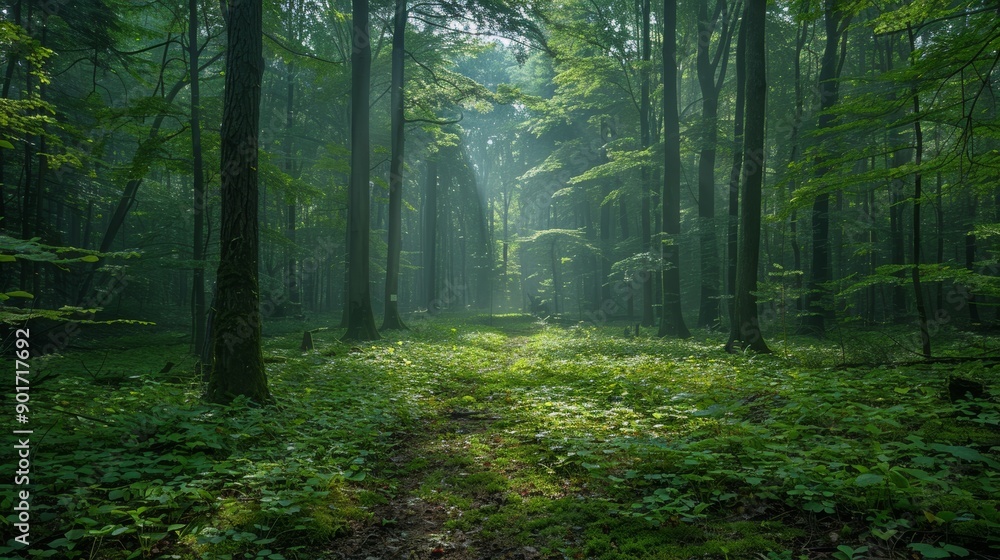 Fototapeta premium Tranquil Forest Pathway Surrounded by Lush Greenery During Early Morning Light. Generative AI