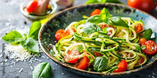 A detailed view of a plate of zoodles zucchini noodles with cherry tomatoes, basil, and a sprinkle of Parmesan cheese