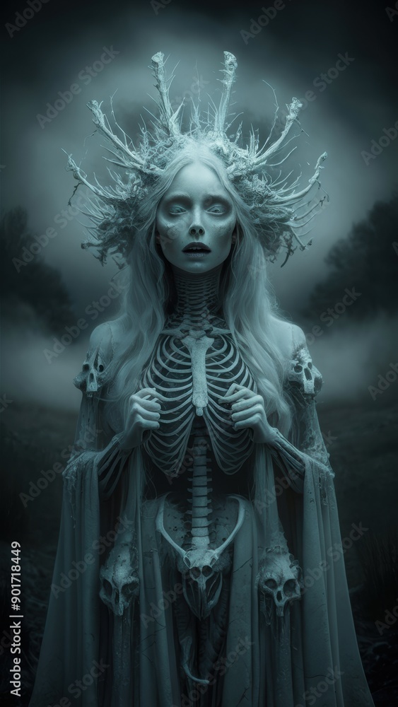 A woman with skeleton like features and a crown of skulls, AI A woman with skeleton like features and a crown of skulls, AI
