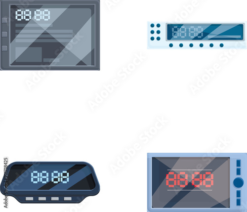 Auto device icons set cartoon vector. Modern navigator and taximeter. Electronic equipment
