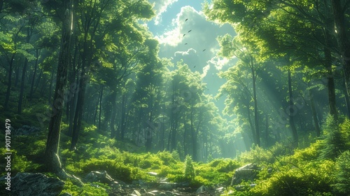 Serene Forest Landscape Illuminated by Soft Sunlight During Early Morning Hours in Spring. Generative AI