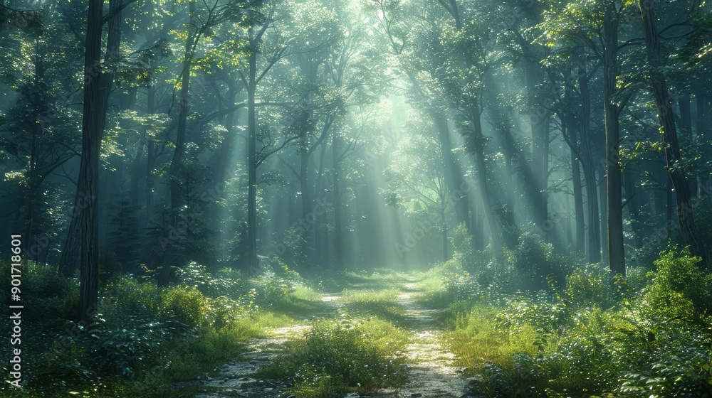 Obraz premium Enchanting Sunlight Filtering Through Lush Green Forest Trees During Early Morning Hours. Generative AI