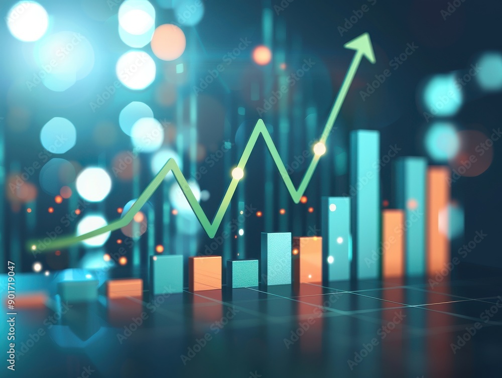 A flat design 3D illustration of a vibrant stock market chart with a green upward arrow and growing bar graphs A flat design 3D illustration of a vibrant stock market chart with a green upward arrow and growing bar graphs