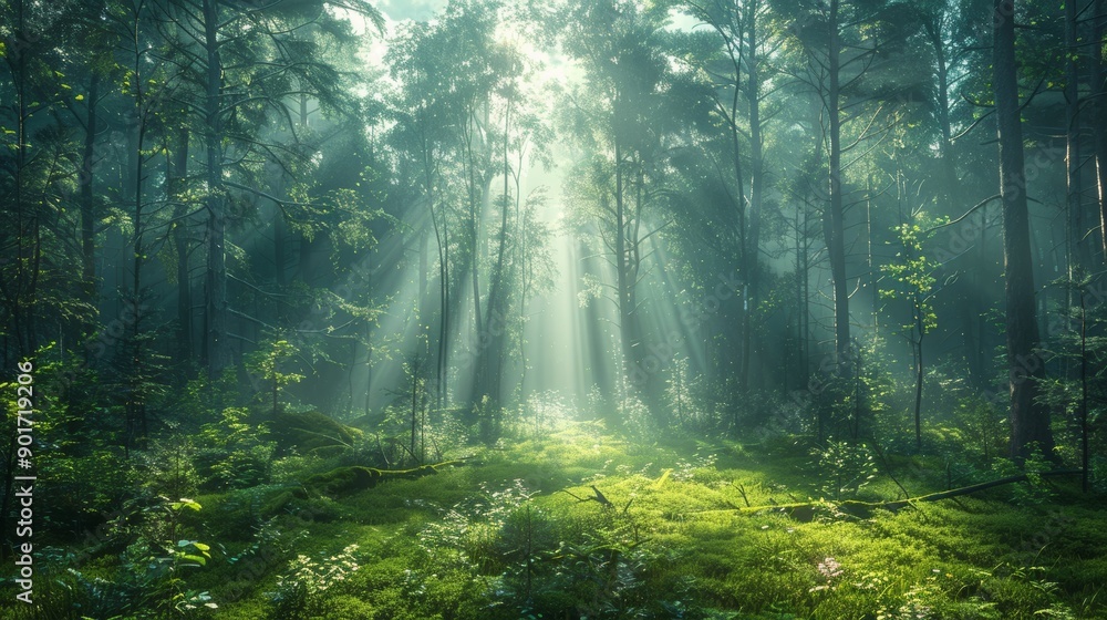 Naklejka premium Sunlight Filtering Through Tall Trees in a Lush Green Forest During Morning Hours. Generative AI