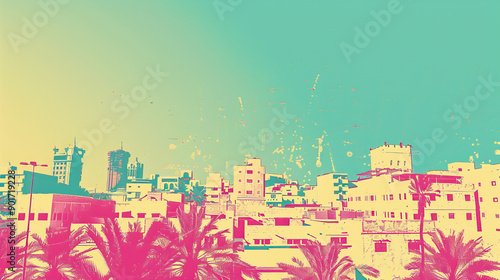 Risograph colorful riso print travel poster, card, wallpaper or banner illustration, modern, isolated, clear, simple of Yanbu, Saudi Arabia. Artistic, screen printing, stencil photo