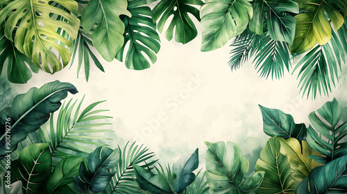 A painting of a lush green jungle with a white background