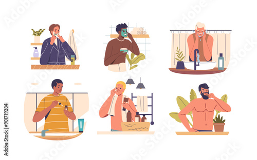 Cartoon Men Engaging In Various Face Care Routines And Activities Like Washing, Shaving, Applying Masks And Moisturizing