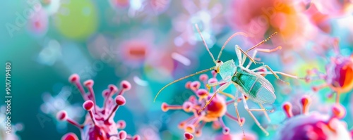 A vivid macro shot of an insect among colorful microorganisms, capturing the beauty of nature's tiniest wonders. photo