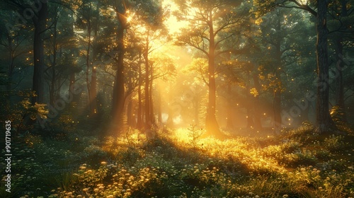 Sunlight Streaming Through Trees Illuminates a Vibrant Forest Clearing in the Early Morning. Generative AI