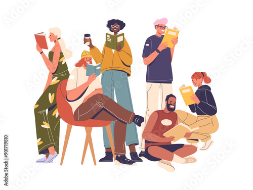 Group Of Diverse Characters Reading Books Together. Vector Image Captures A Sense Of Community, Relaxation