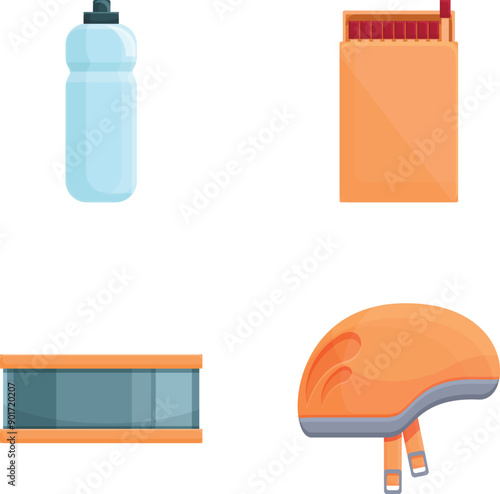Sport equipment icons set cartoon vector. Various tool for sport tourism. Active lifestyle