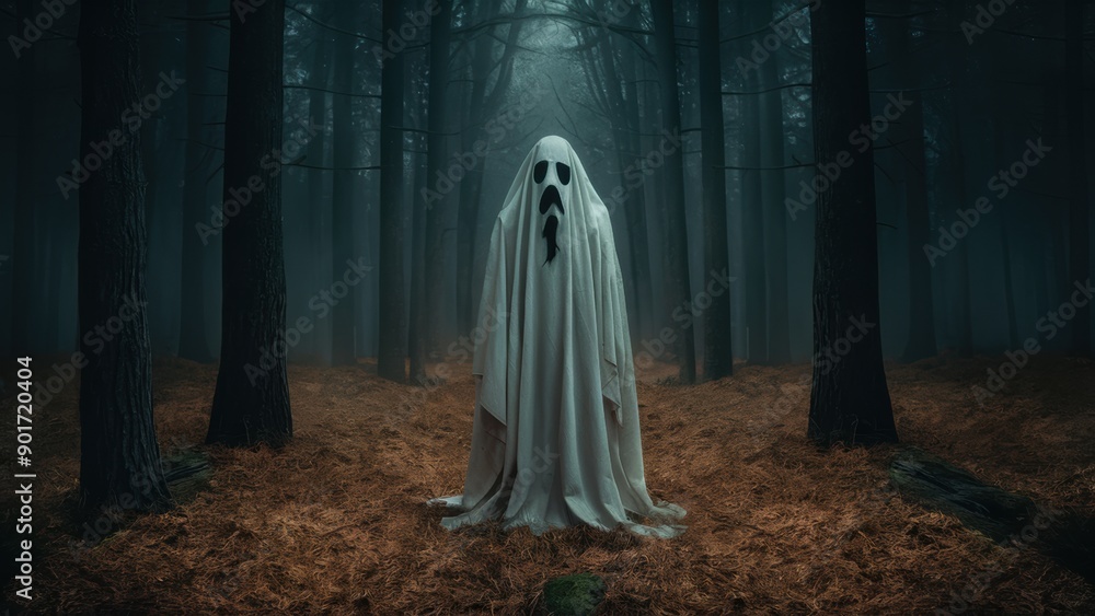 A ghostly figure in a white sheet standing on the forest floor, AI A ghostly figure in a white sheet standing on the forest floor, AI