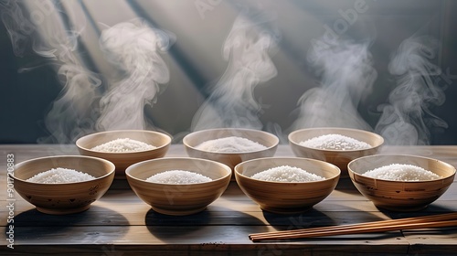 In the early morning light, several bowls of steaming rice stand on an ancient table, captured in close-up shots with a macro lens. The rice is scattered and fresh, with delicate patterns painted on photo