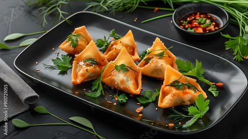 gourmet photography of plate with 8 p cocktail wontons in the shape and color of flower petals, sitting on top of each other, made from golden alliana dough filled with chardish adana meat and sauce, photo