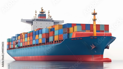 On the white background, there is an illustration of a cargo ship with containers in a front view. The cargo boat has blue and red colors on its sides. Generative AI.