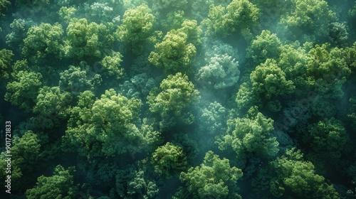 Lush Green Forest Canopy With Dense Foliage Captured Aerially at Dawn. Generative AI