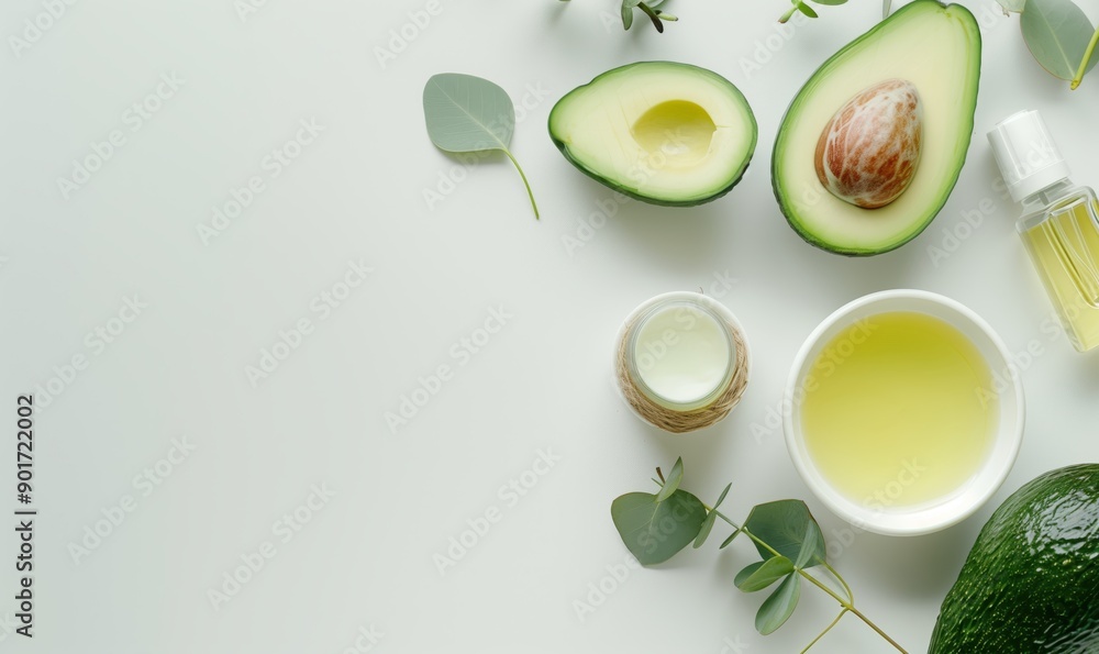 Top View of Avocado with Skincare Products and Green Leaves for Natural Beauty Top View of Avocado with Skincare Products and Green Leaves for Natural Beauty