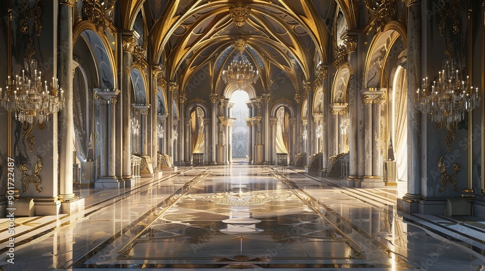 Fototapeta premium Realistic Fantasy Interior of a Golden Royal Palace