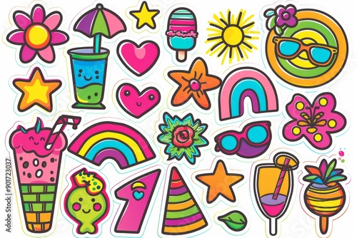 Cute neon doodle stickers, hearts, rainbows, flowers, sunglasses, beach and sun, smoothies, ice cream, vivid colors