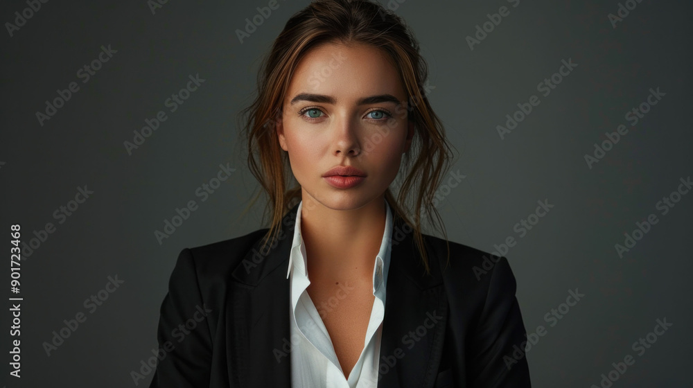 Elegant woman in a teal dress posing confidently against a blue background. Elegant woman in a teal dress posing confidently against a blue background.