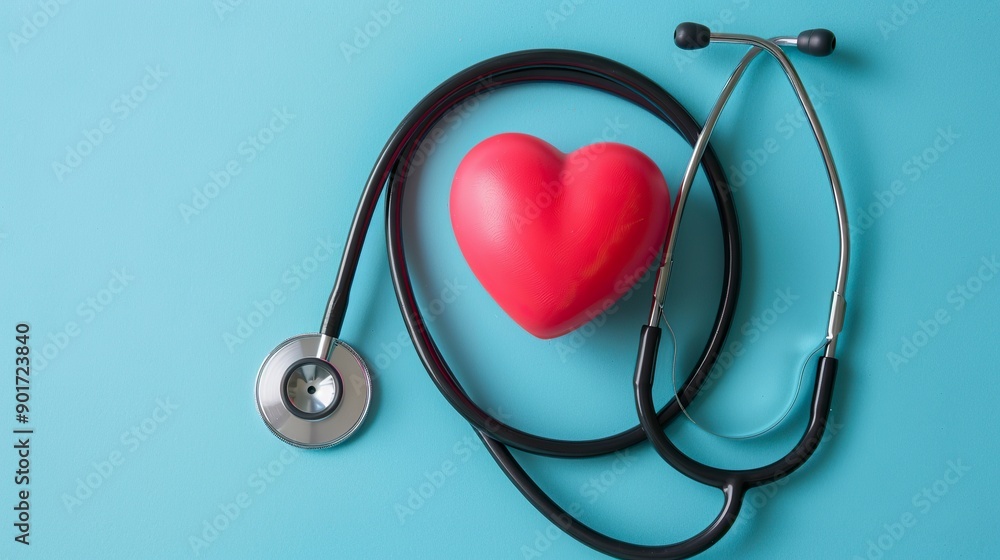 Heart health, health care concept. Stethoscope near rubber heart on blue background, front view, generative ai Heart health, health care concept. Stethoscope near rubber heart on blue background, front view, generative ai