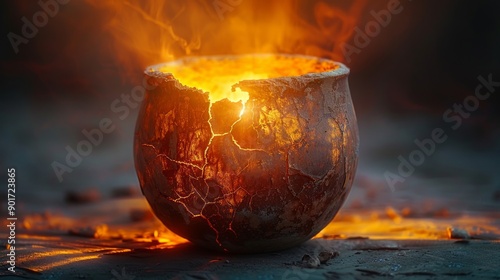 A broken clay vessel emitting a warm, glowing light from its cracks