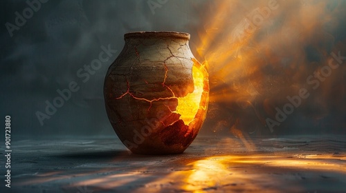 A broken clay vessel emitting a warm, glowing light from its cracks