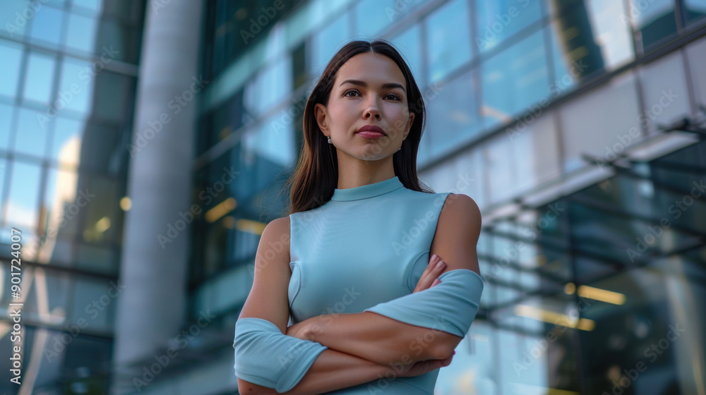 Fototapeta premium A stylish young woman in a blue dress standing confidently with modern buildings in the background.