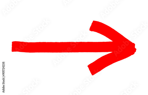 Red arrow brush stroke icon isolated. The arrow sign is drawn by hand with a marker. PNG with transparent background. Flat lay. Clipping path