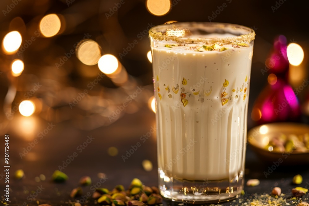 glass of creamy lassi topped pistachios glass of creamy lassi topped pistachios