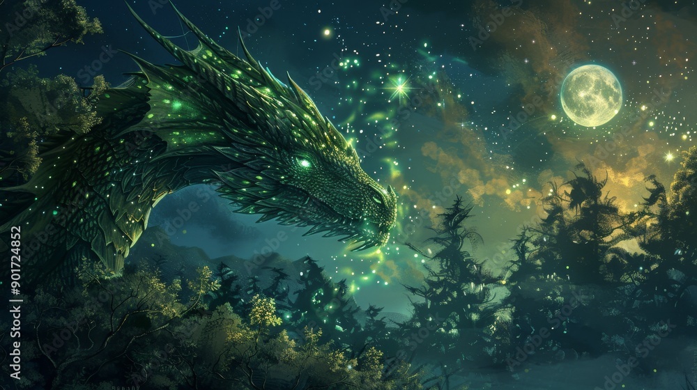 Giant green dragon in an enchanted forest with glowing lights under a full moon and starry night sky Giant green dragon in an enchanted forest with glowing lights under a full moon and starry night sky