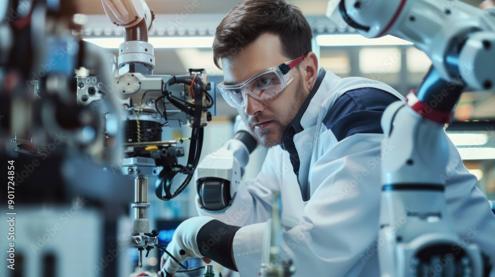 Futuristic Robotics Engineer Assembling a High-Tech Robot Prototype in Modern Laboratory Futuristic Robotics Engineer Assembling a High-Tech Robot Prototype in Modern Laboratory