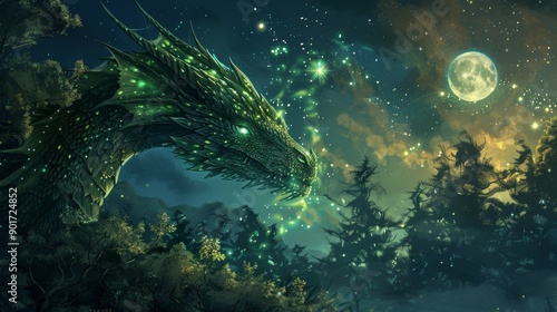 Wallpaper Mural Giant green dragon in an enchanted forest with glowing lights under a full moon and starry night sky Torontodigital.ca