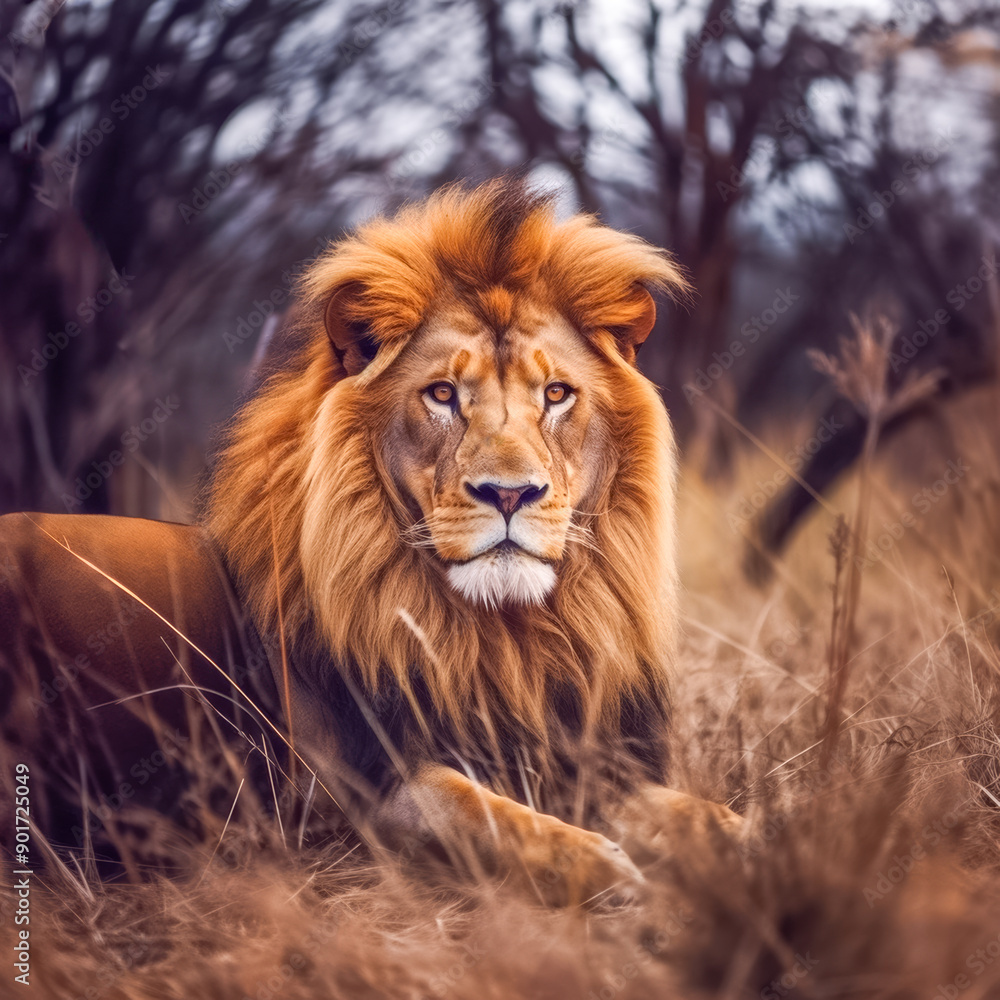 Löwe (Panthera leo) mit prächtiger Mähne in freier Natur, Generative AI Löwe (Panthera leo) mit prächtiger Mähne in freier Natur, Generative AI