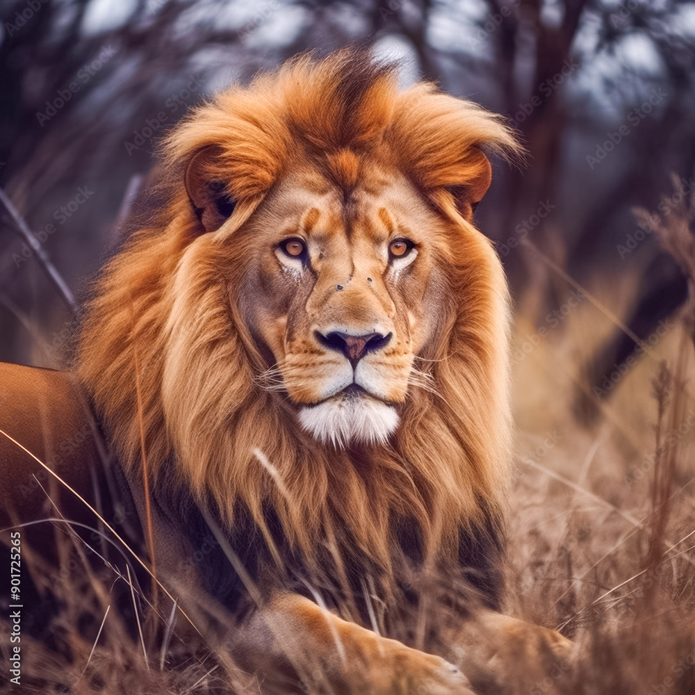 Fototapeta premium Löwe (Panthera leo) mit prächtiger Mähne in freier Natur, Generative AI