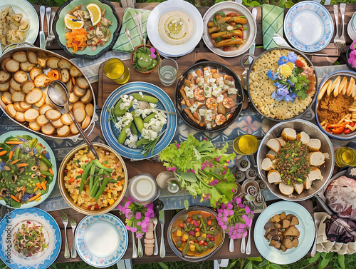 A spread of heirloom dishes at a family reunion, celebrating culinary heritage
