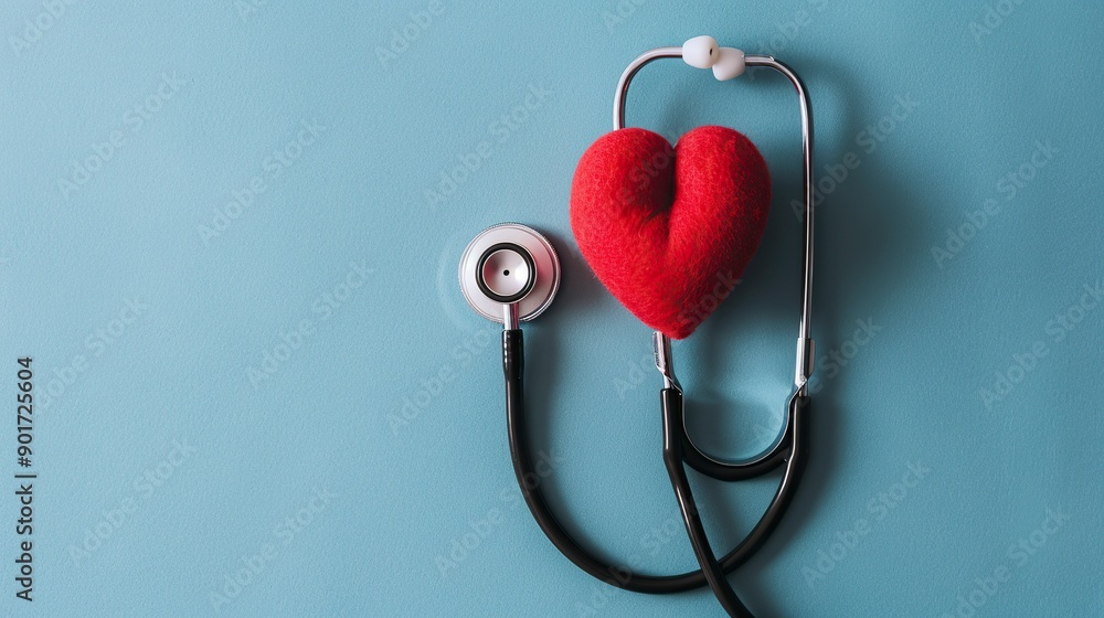Heart health, health care concept. Stethoscope near rubber heart on blue background, front view, generative ai