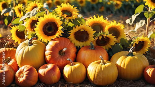 Autumn, fall season,  harvesting, August, September concept. Composition  of pumpkins and sunflowers. photo