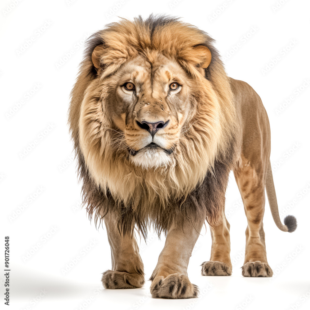 Löwe (Panthera leo) mit prächtiger Mähne, freigestellt vor weißem Hintergrund, Generative AI
