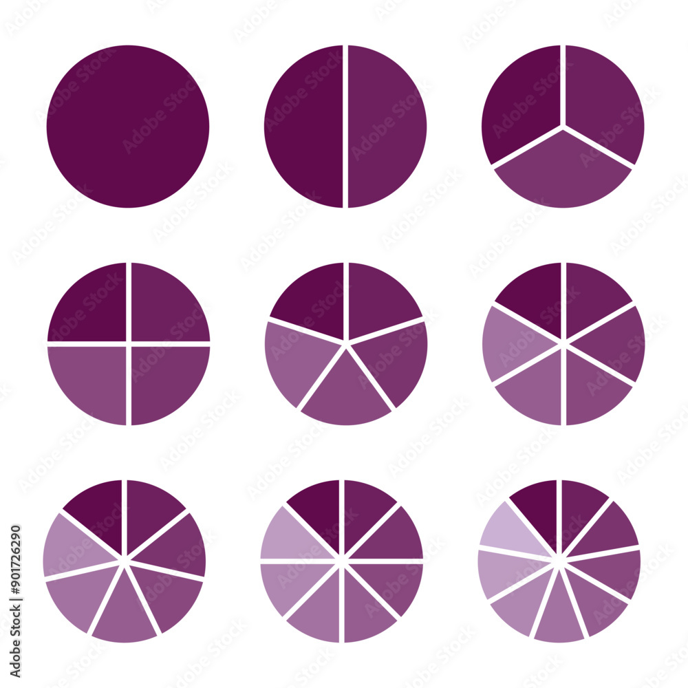 Obraz premium Circles divided diagram 3, 10, 7, graph icon pie shape section chart. Segment circle round vector 6, 9 devise infographic.