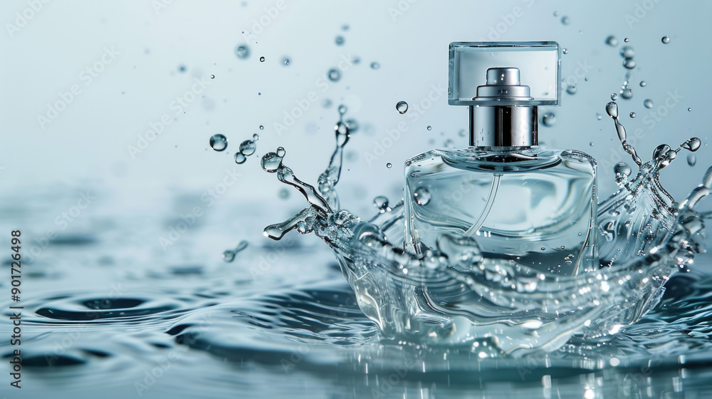 Elegant Perfume Splash with Sparkling Droplets on Studio Background Elegant Perfume Splash with Sparkling Droplets on Studio Background