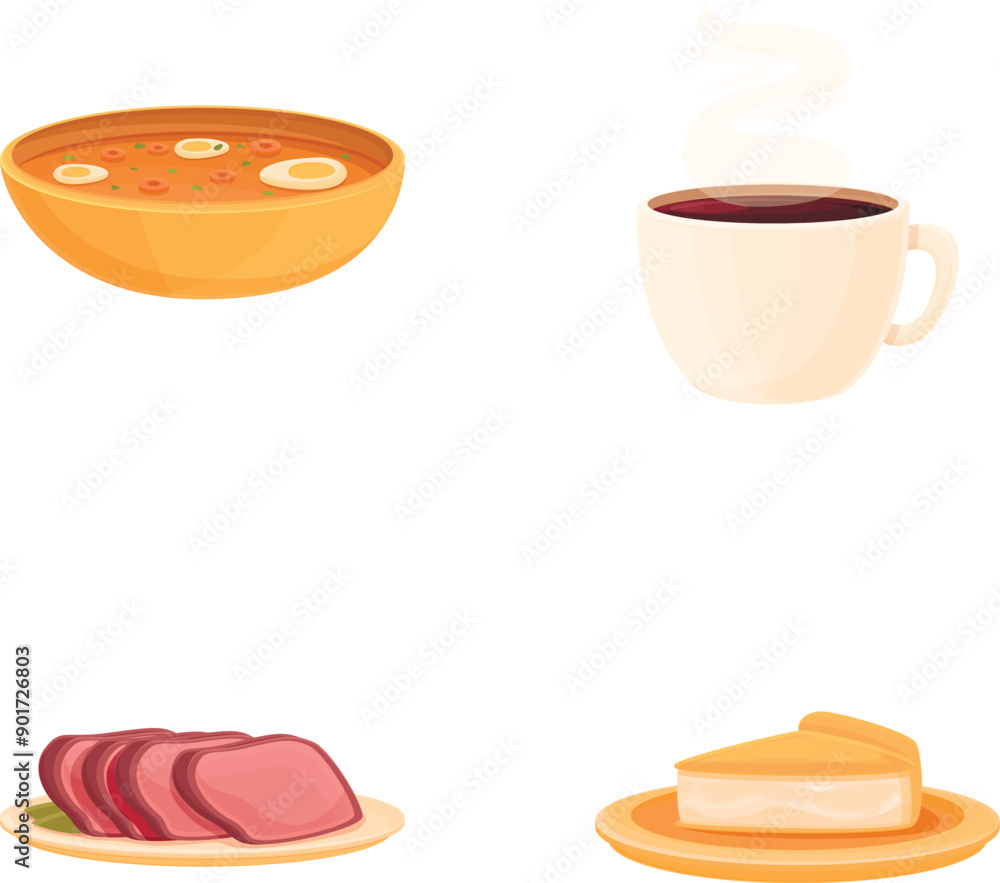 Lunch food icons set cartoon vector. Various dish dessert and drink. Meal, nutrition Lunch food icons set cartoon vector. Various dish dessert and drink. Meal, nutrition