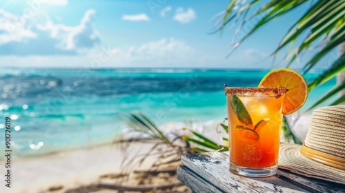 Fototapeta Naklejka Na Ścianę i Meble -  a cocktail at the beach with the ocean in the background, 