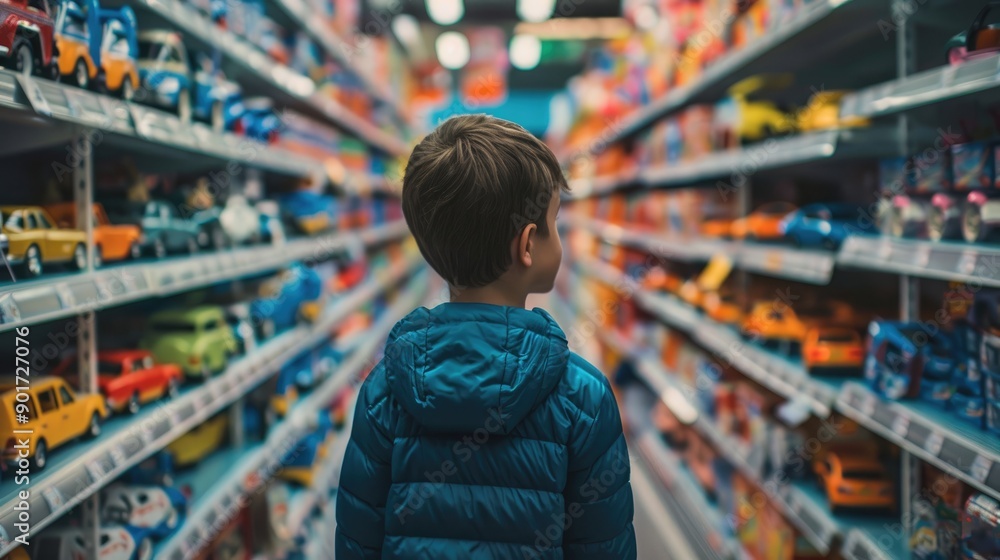 Toy store aisle with a child gazing at the shelves filled with colorful toy cars and vehicles, creating a captivating and magical environment Toy store aisle with a child gazing at the shelves filled with colorful toy cars and vehicles, creating a captivating and magical environment