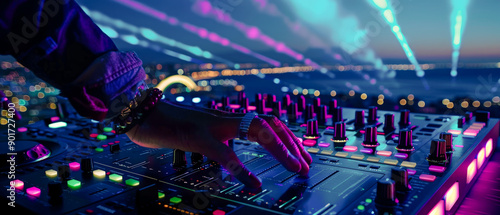 Vibrant Nightlife A DJ's Hands Skillfully Mixing Tracks on a High-Tech Soundboard with Colorful City Lights in the Background Capturing the Energy and Pulse of a Nightclub Scene