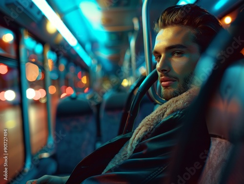 Medium shot of Bus driver man, themed background, bright tonality, in the style of fashion photography.