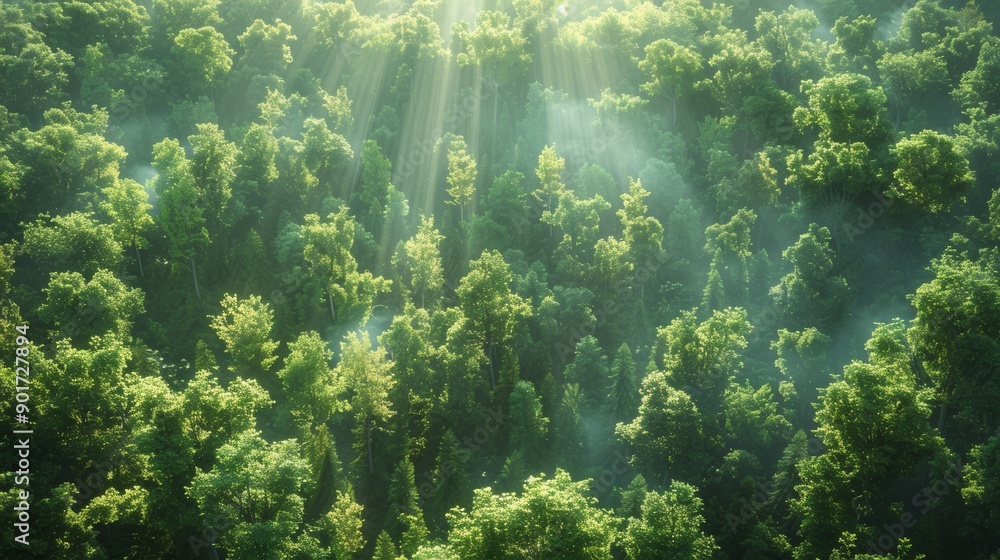 Lush Green Forest Under Sunlight With Rays of Light Illuminating the Canopy Early in the Morning. Generative AI Lush Green Forest Under Sunlight With Rays of Light Illuminating the Canopy Early in the Morning. Generative AI